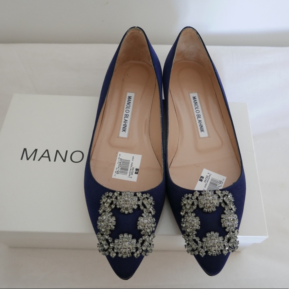 Blue Satin Jewel Buckled Flats